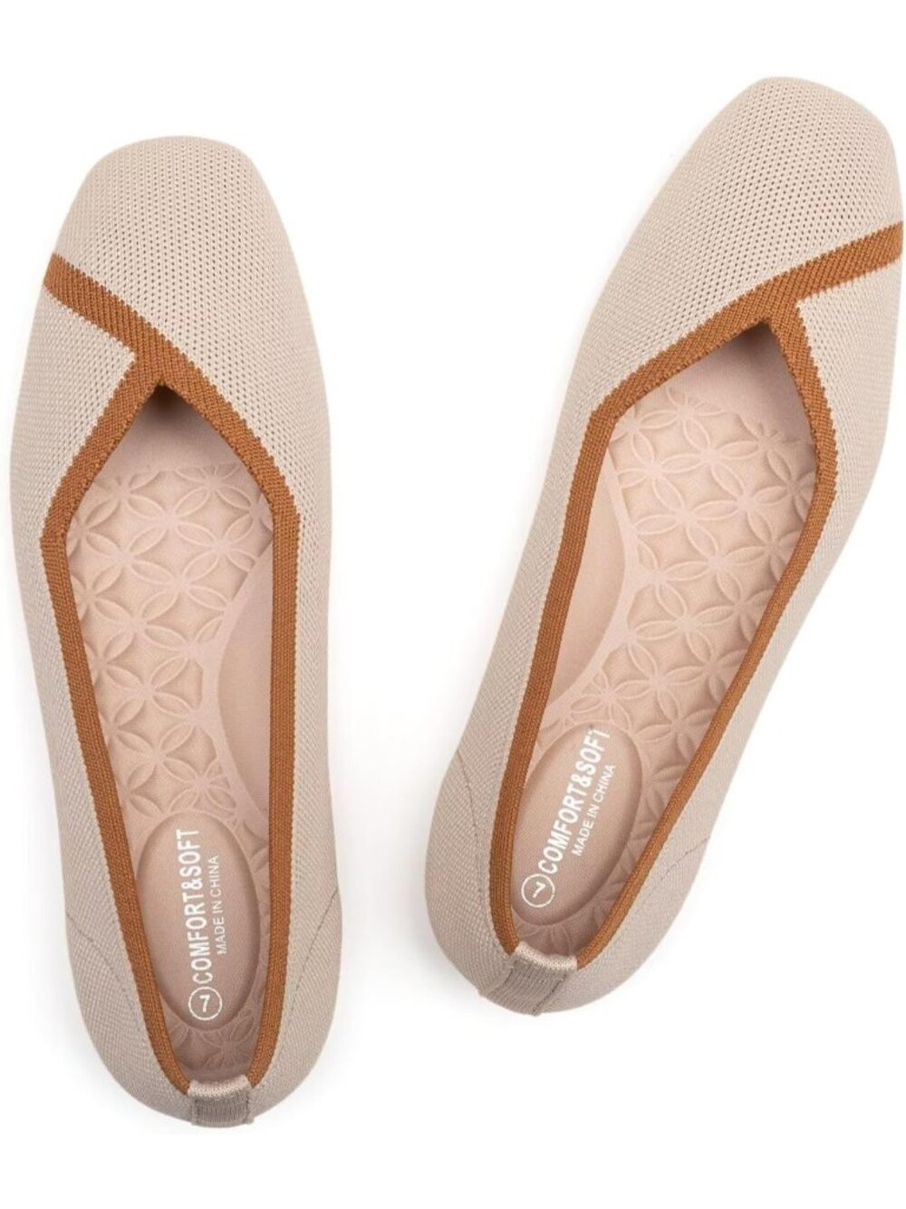 Women's Nude Square Toe Flat Fly Knitted Fabric Comfortable Knitted Shoes